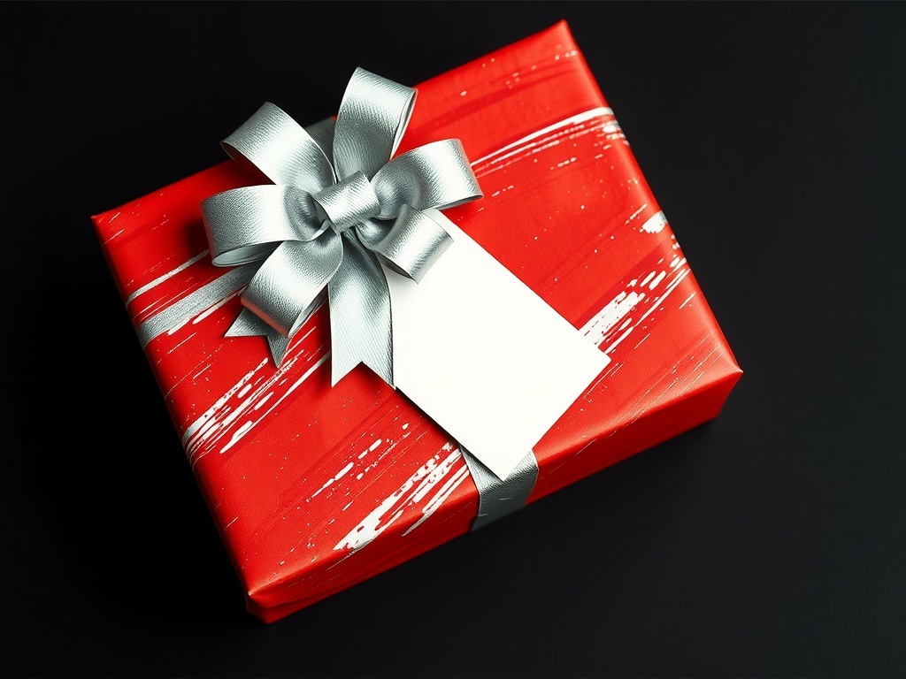 A beautifully wrapped Christmas present in red and silver brush stroke paper with a silver ribbon and tag.