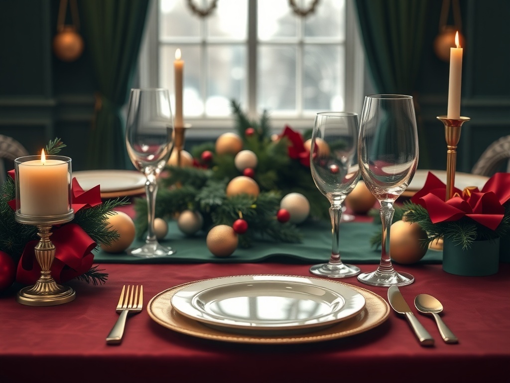 A beautifully set Christmas dinner table with a red tablecloth, green accents, gold elements, and festive decorations.