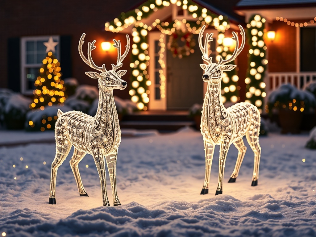Two lighted reindeer figurines in a snowy yard, with Christmas lights on a house in the background.