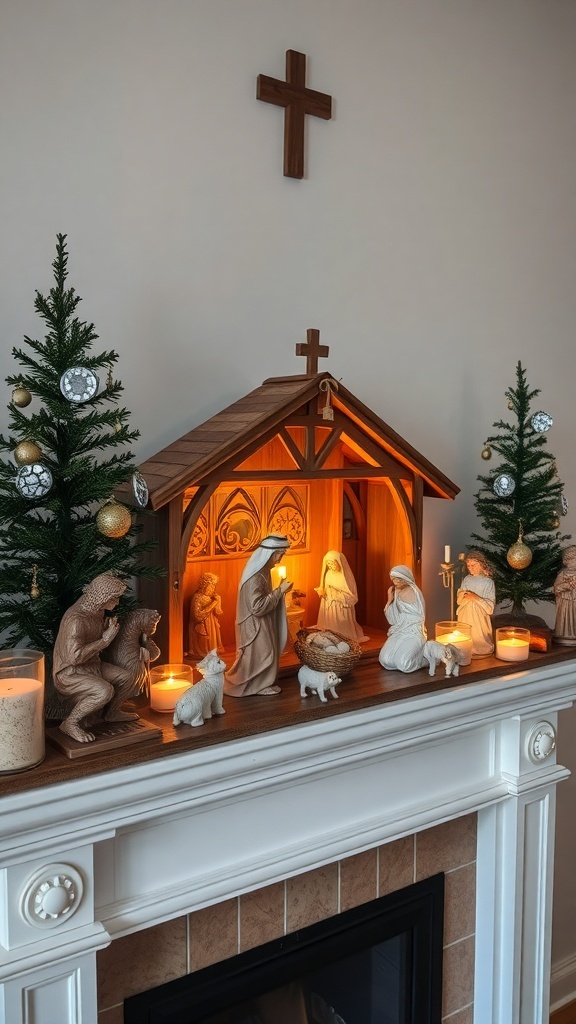 A classic nativity scene displayed on a mantel with candles and evergreen trees.
