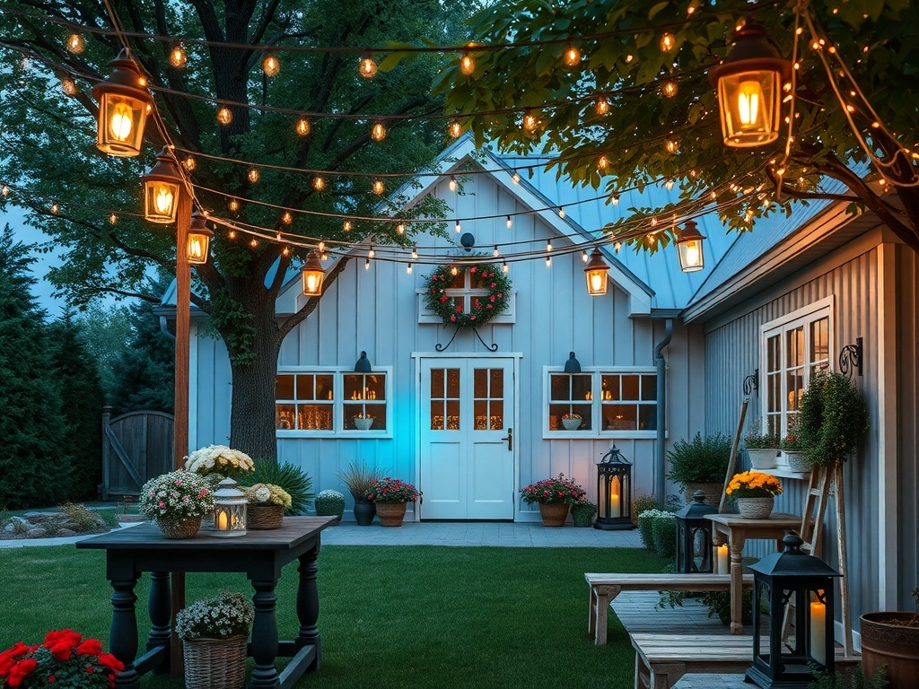 A cozy farmhouse decorated with string lights and lanterns for Christmas.