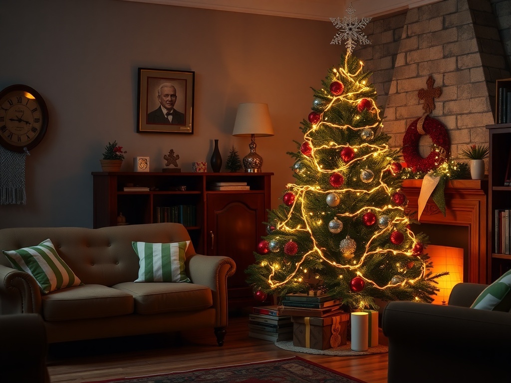 A cozy living room with a decorated Christmas tree, glowing lights, and vintage decor.