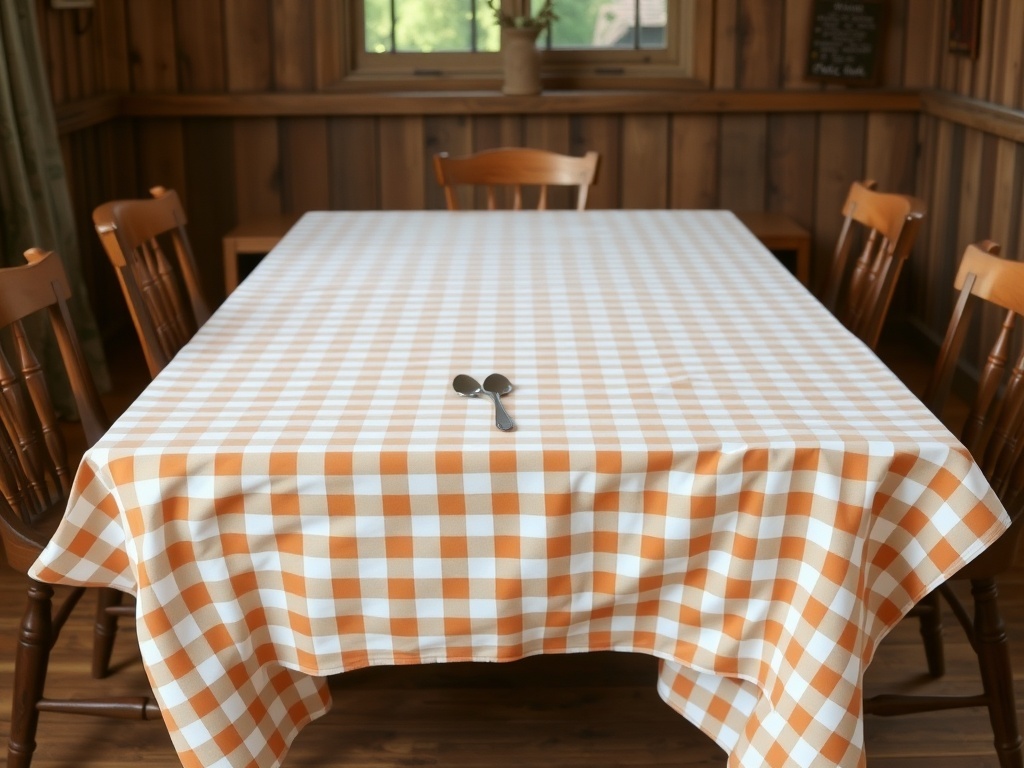 A rustic dining table with an orange and white gingham tablecloth, wooden chairs, and a spoon on the table.