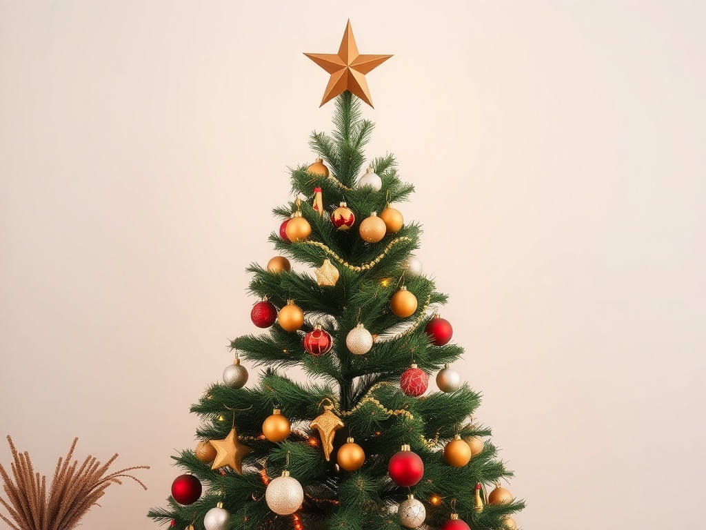 A mid-century modern Christmas tree decorated with gold, red, and silver ornaments, topped with a star.