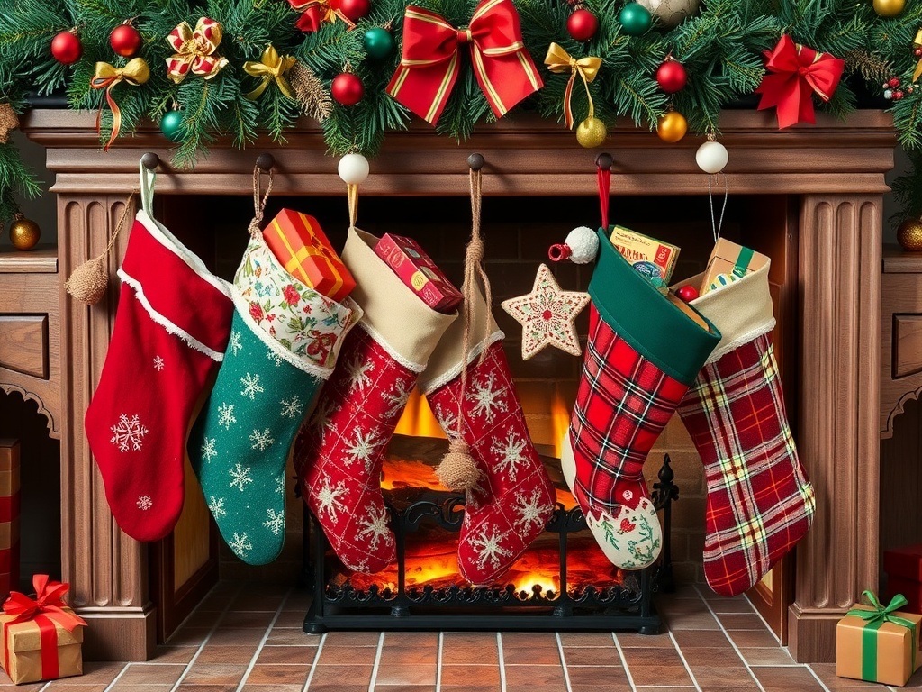 Colorful vintage Christmas stockings hanging by a fireplace, decorated with festive patterns and filled with gifts.