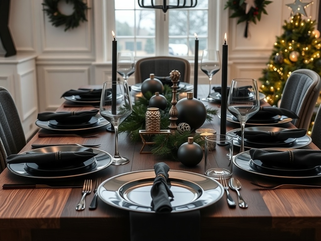 A dark-themed Christmas table setting featuring black plates, candles, and decorative ornaments.