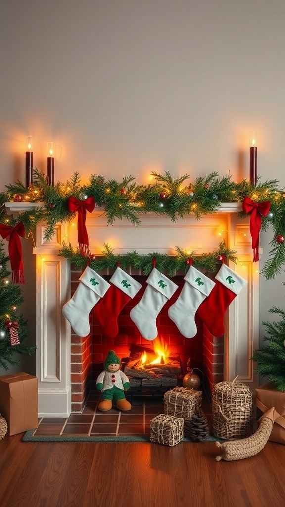 A cozy fireplace decorated for Christmas with stockings, greenery, and a plush figure.