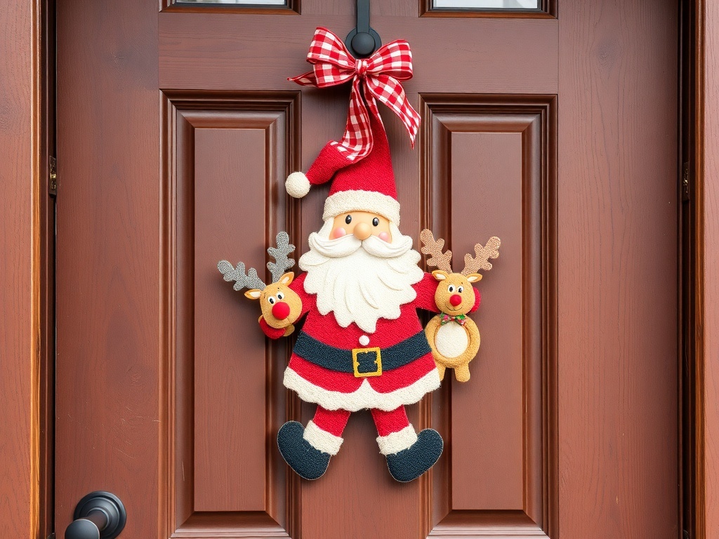 A whimsical holiday door hanger featuring Santa Claus and a reindeer, with the word 'Wanters' displayed.