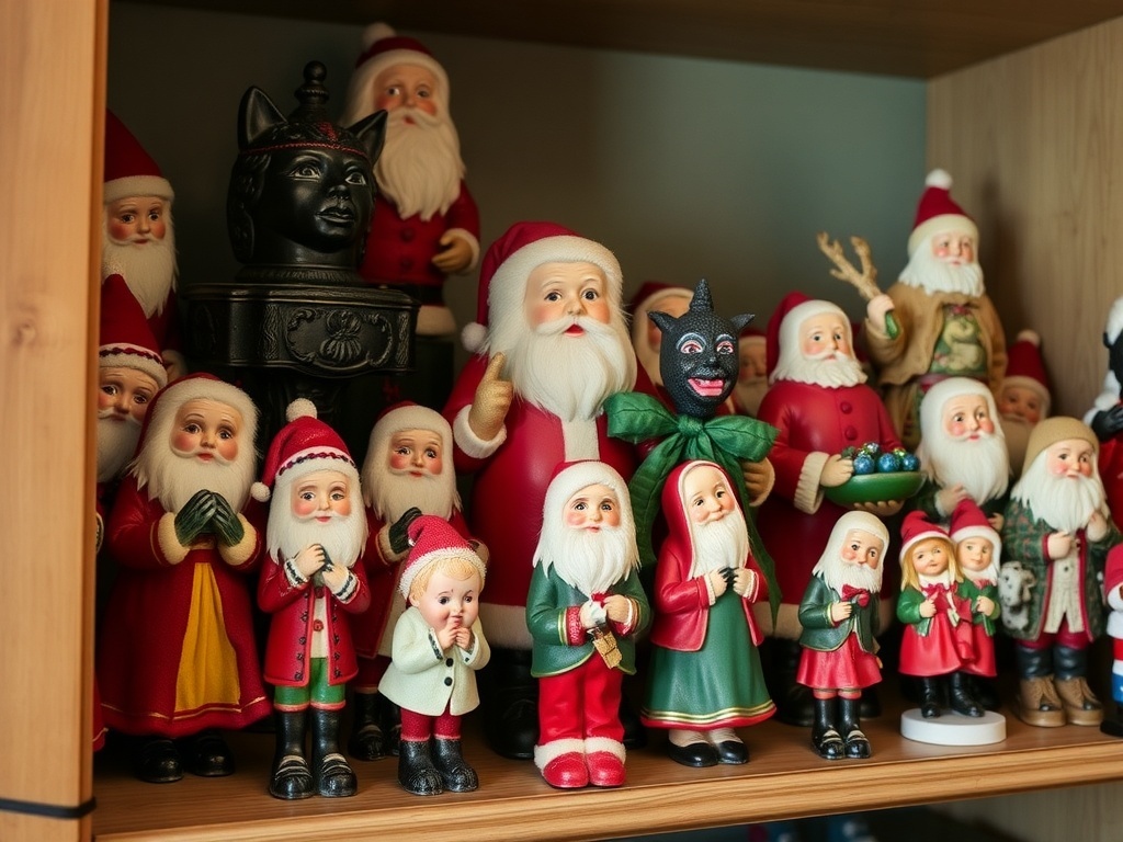 A collection of vintage holiday figurines including Santa Claus, children, and festive animals on a wooden shelf.