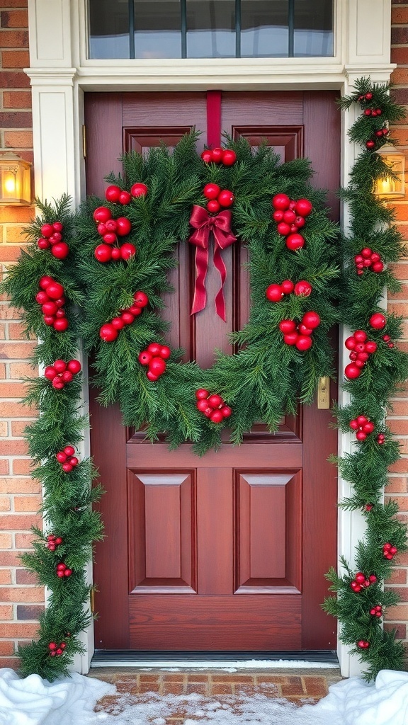 A traditional Christmas wreath with red ornaments and a ribbon, along with garlands on a door.