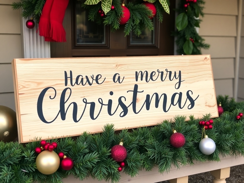 A festive front porch decorated for Christmas with a wooden sign that says 'Happy Holidays' and 'Christmas,' surrounded by greenery and ornaments.