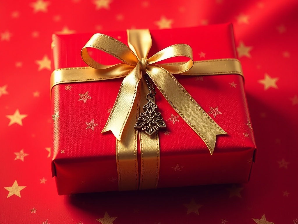 A beautifully wrapped Christmas gift in bold red paper with gold foil details and a gold ribbon.