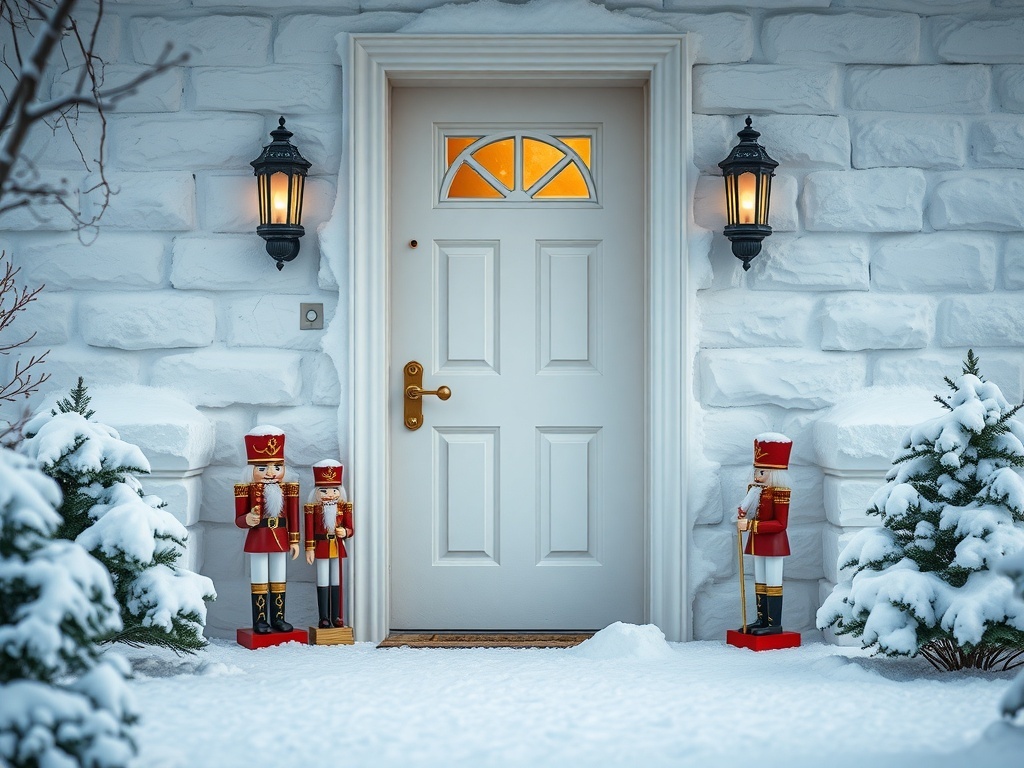 A snowy front door scene with two miniature nutcrackers on either side, flanked by lanterns and evergreen bushes.