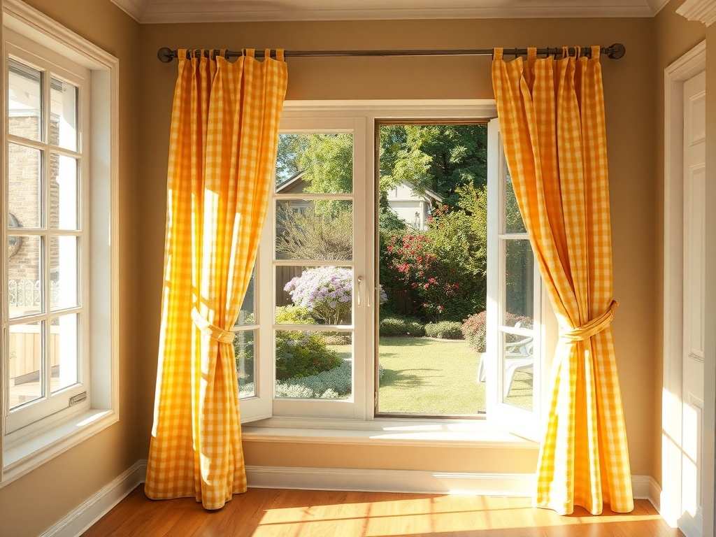 Bright yellow gingham curtains framing a sunny window, brightening up the room.