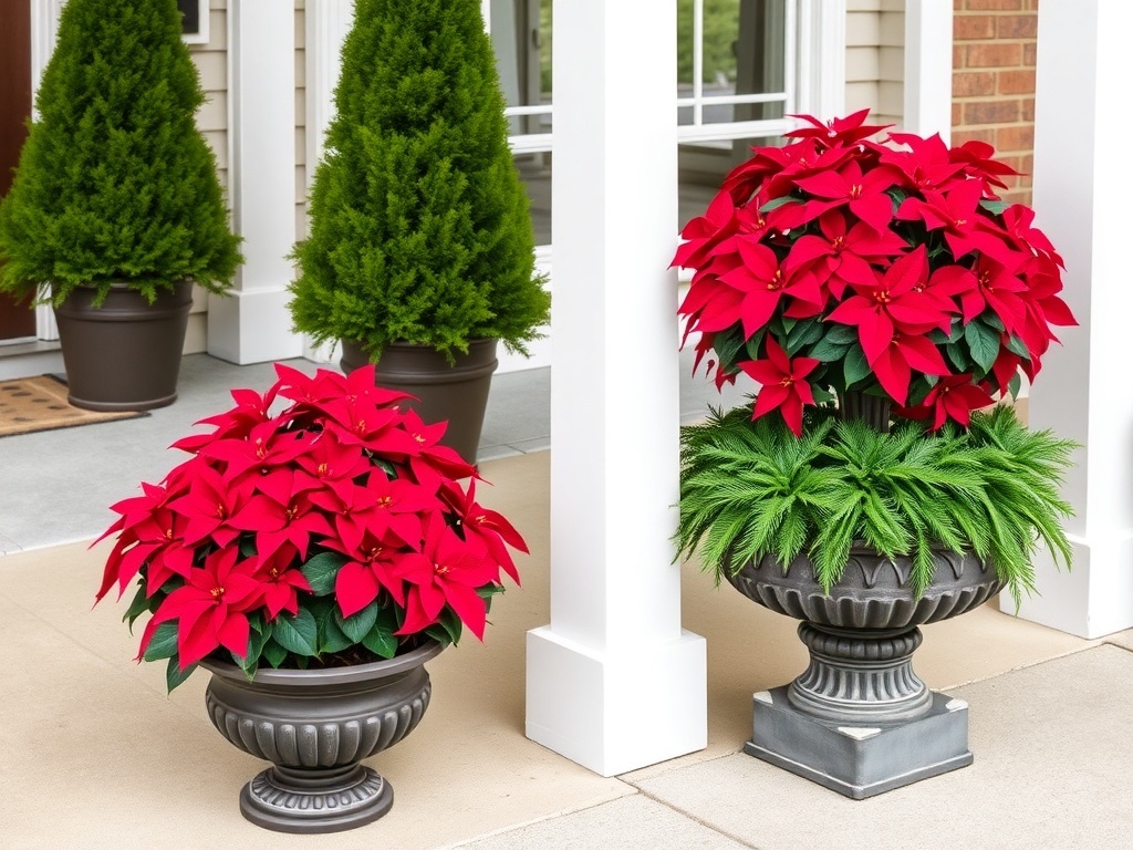 Seasonal planters with evergreen foliage and red poinsettias on a front porch