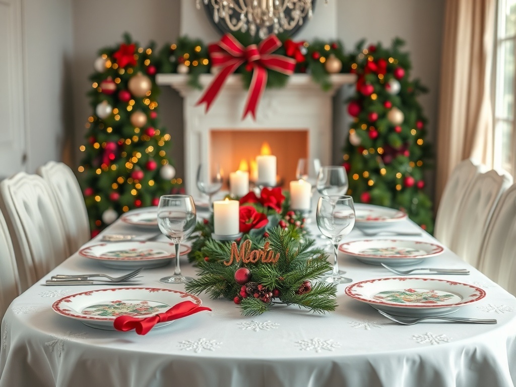 A beautifully decorated Christmas table setting with festive plates, candles, and greenery.