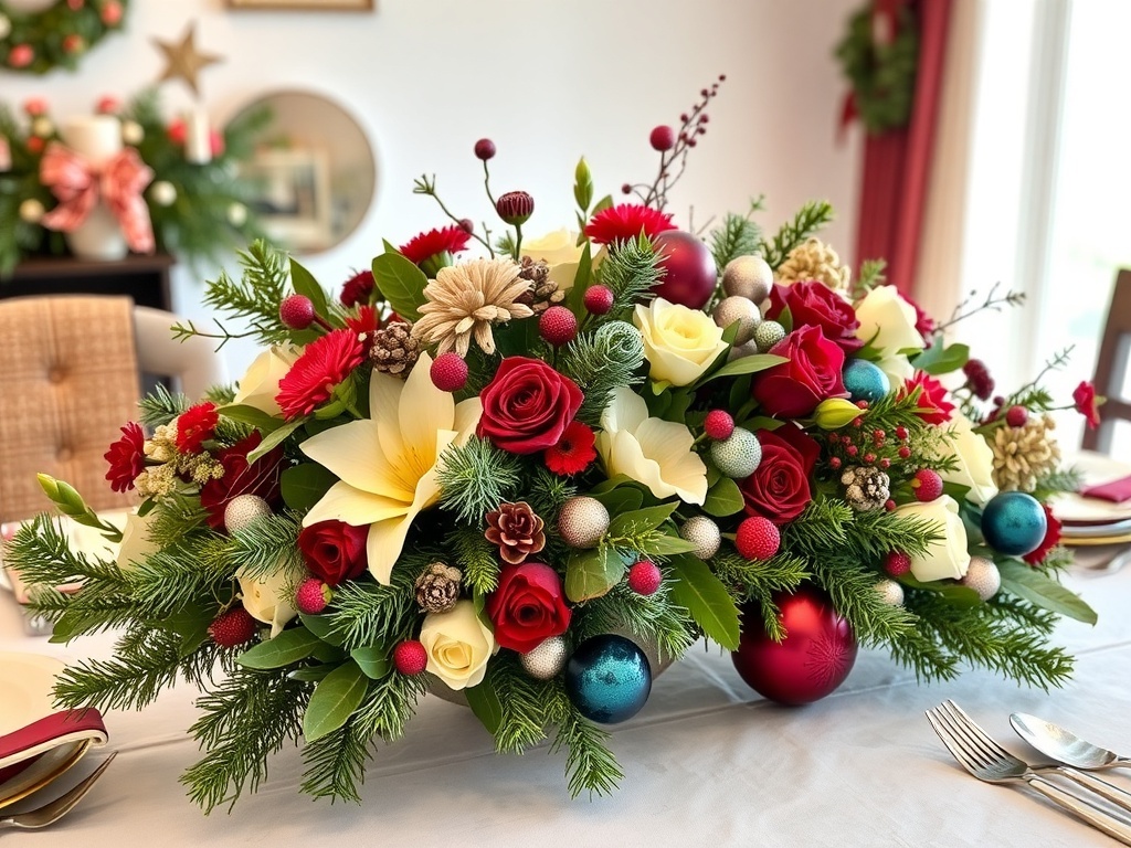 A festive Christmas dinner table centerpiece with flowers, candles, and ornaments.