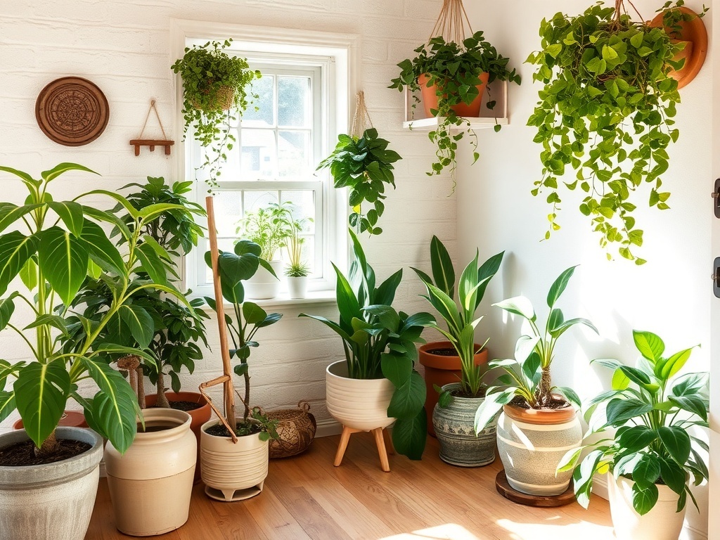 A bright indoor space filled with various plants in different pots, showcasing a cozy cottage home decor style.