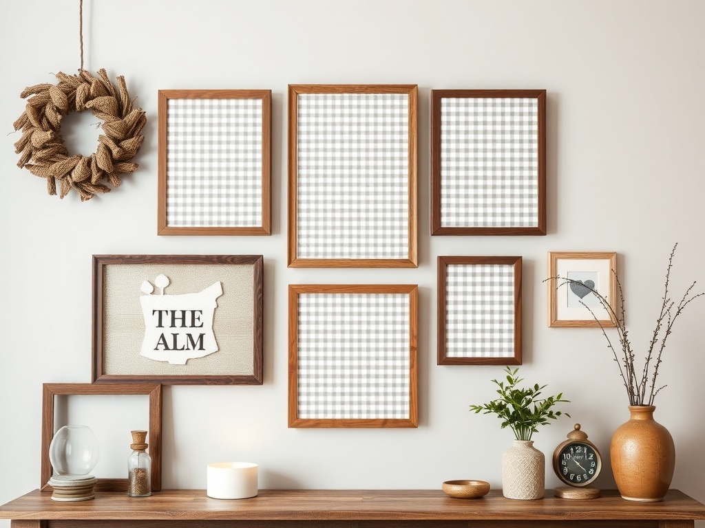 A collection of framed gingham wall art arranged on a wall, accompanied by decorative items on a shelf.