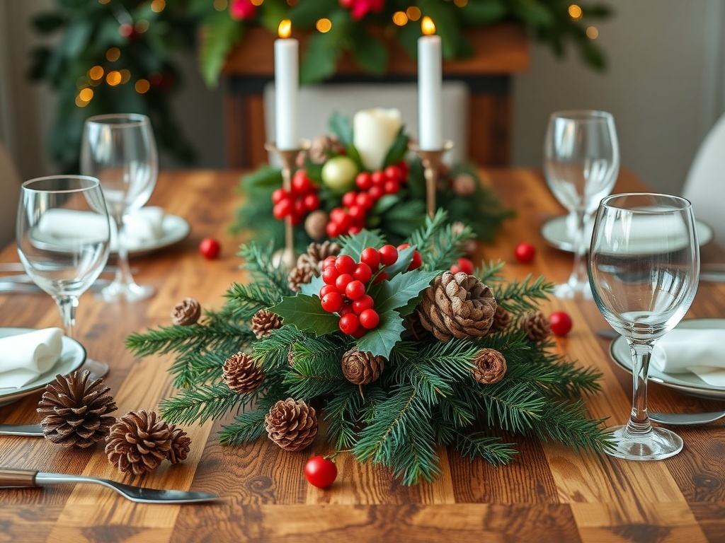 A festive table setting with a centerpiece of pine branches, pine cones, and red berries, surrounded by glasses and plates.