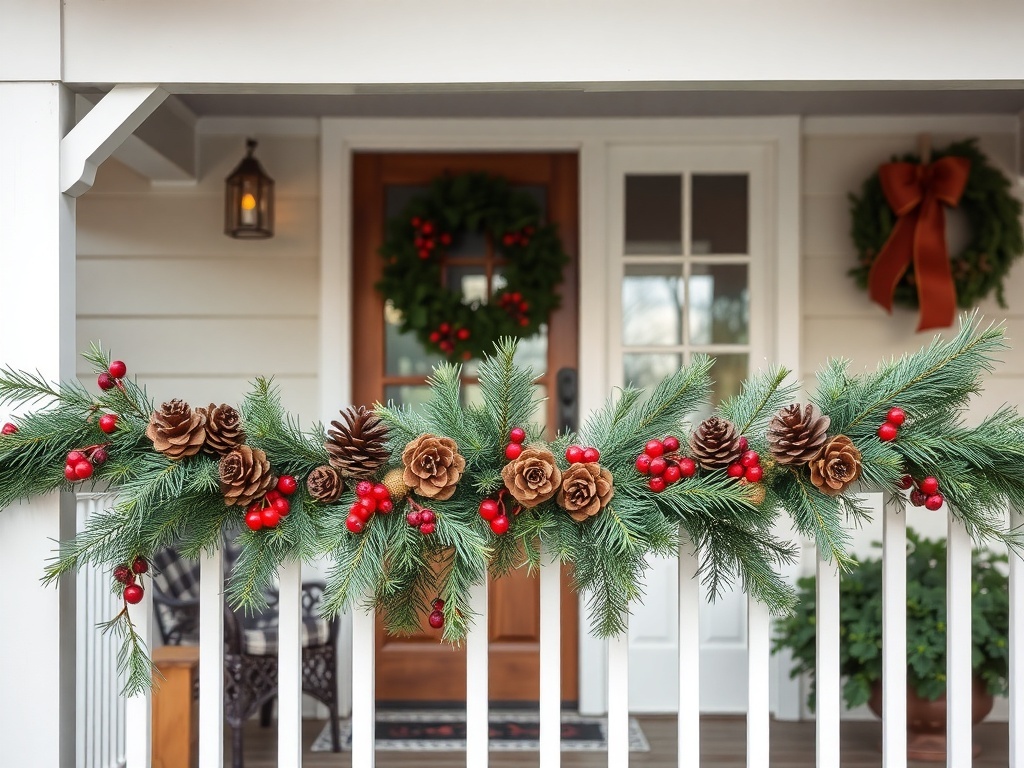 A festive pinecone and berry garland draped over a white railing, enhancing the Christmas decor of a front porch.