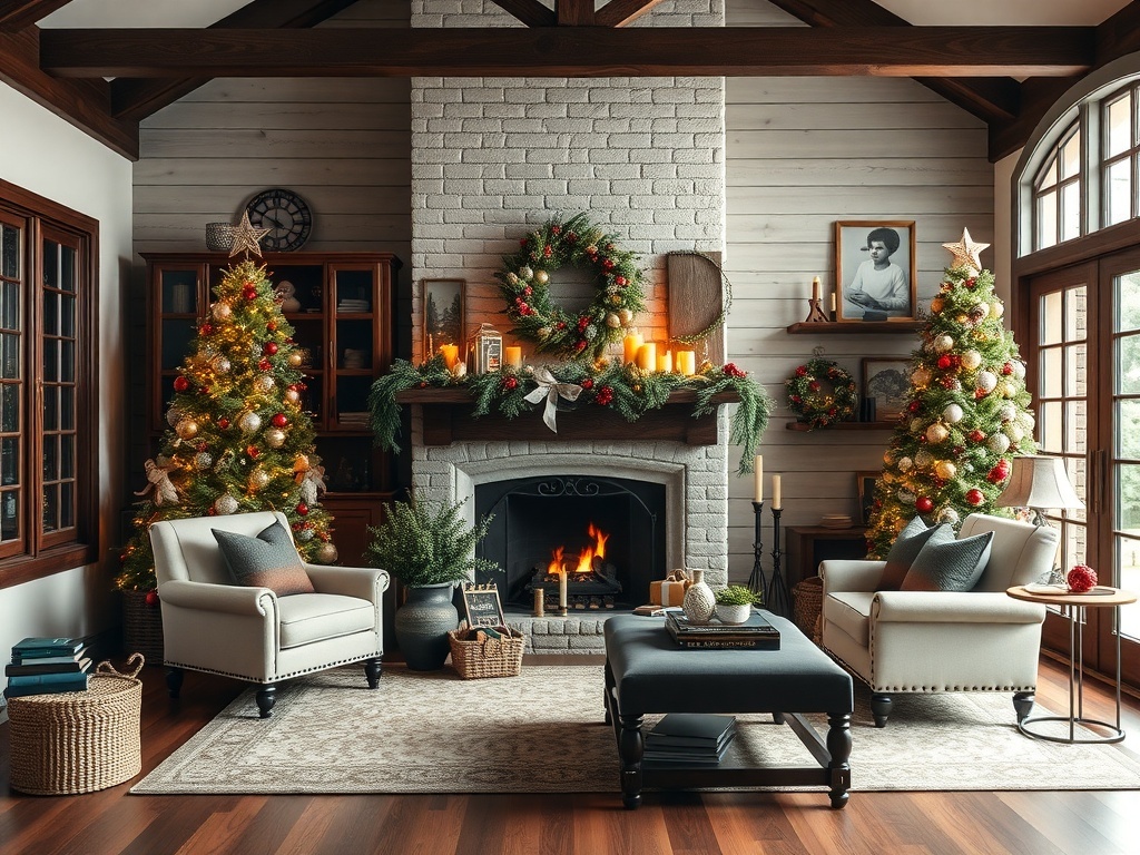 A cozy living room decorated for Christmas with dark wood accents, featuring two Christmas trees, a fireplace, and elegant seating.