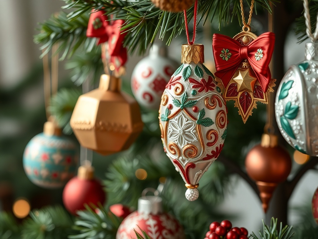 A close-up of handcrafted Christmas ornaments hanging on a tree, featuring intricate designs and vibrant colors.