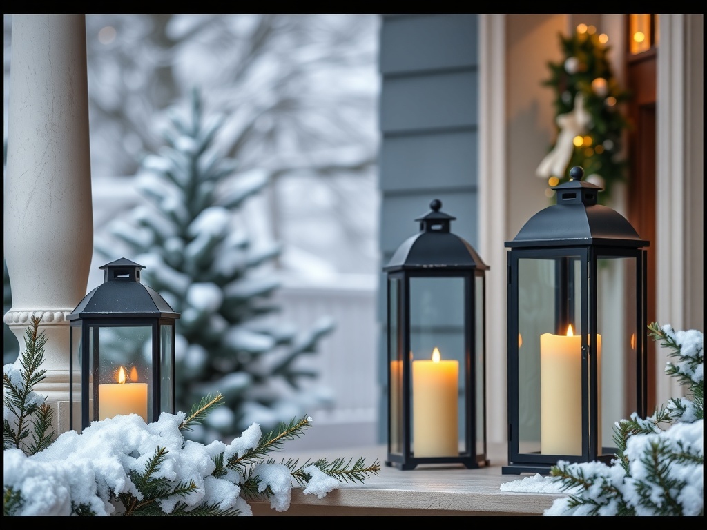 Charming lanterns with holiday candles on a snowy porch