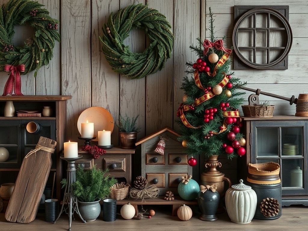 A cozy dark-themed Christmas decor featuring a small tree, candles, and vintage antiques.