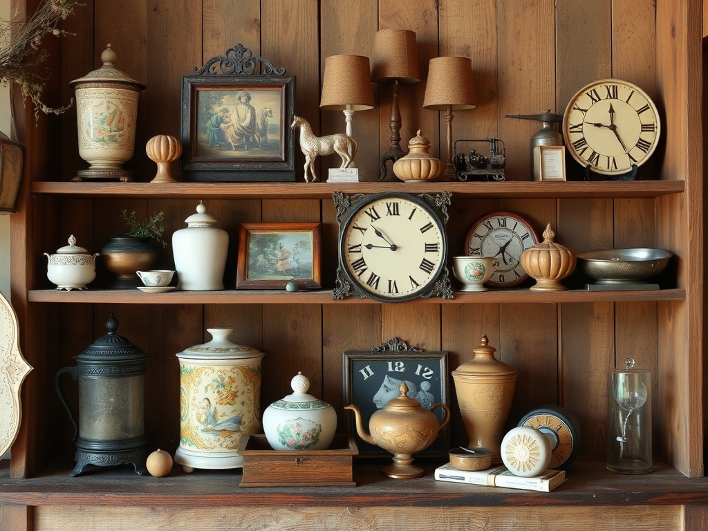 A collection of vintage antiques displayed on wooden shelves, including clocks, pottery, and framed pictures.