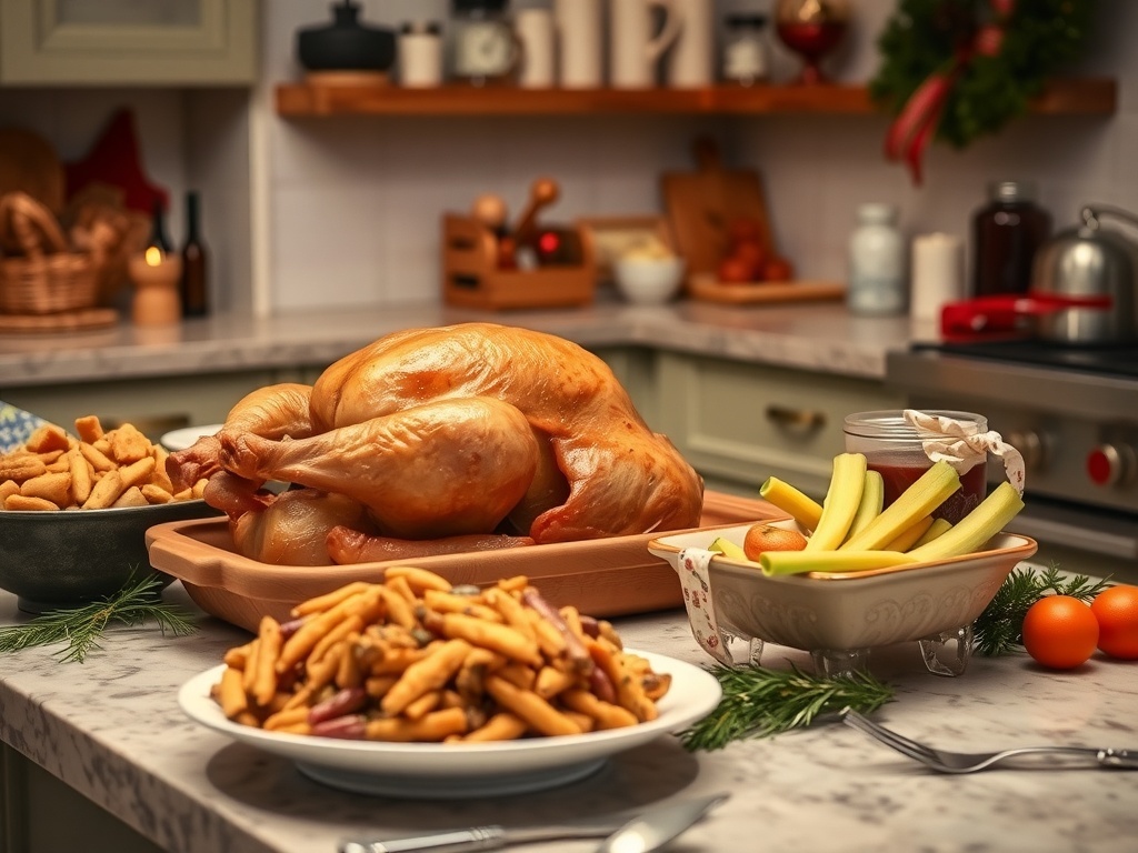 A festive kitchen scene with a roasted turkey, colorful vegetables, and holiday decorations.