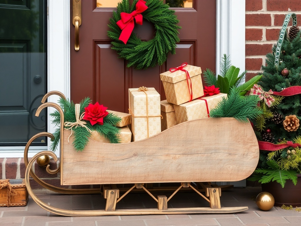 A vintage wooden sleigh filled with gifts, surrounded by greenery and red bows, by a front door decorated with wreaths.