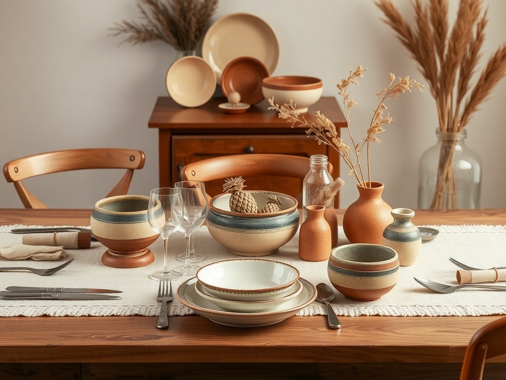 A dining table set with handcrafted pottery, featuring bowls, vases, and glasses, surrounded by wooden chairs and a cozy atmosphere.