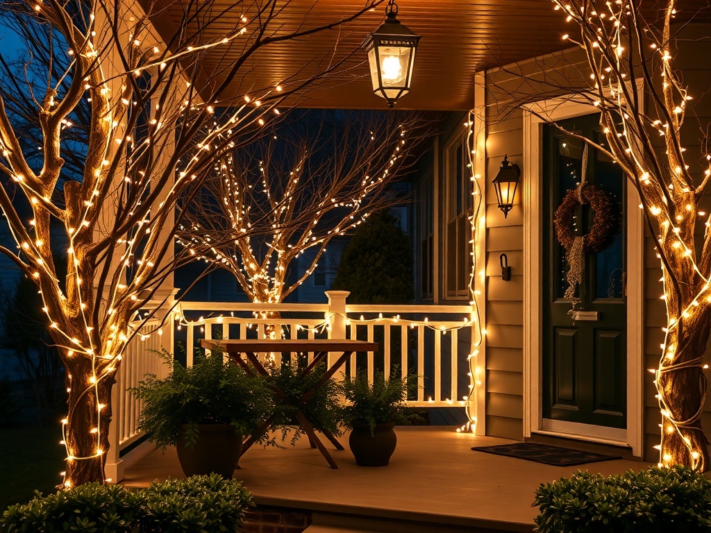 A beautifully decorated front porch with twinkling fairy lights wrapped around trees and railings, creating a warm and inviting atmosphere.