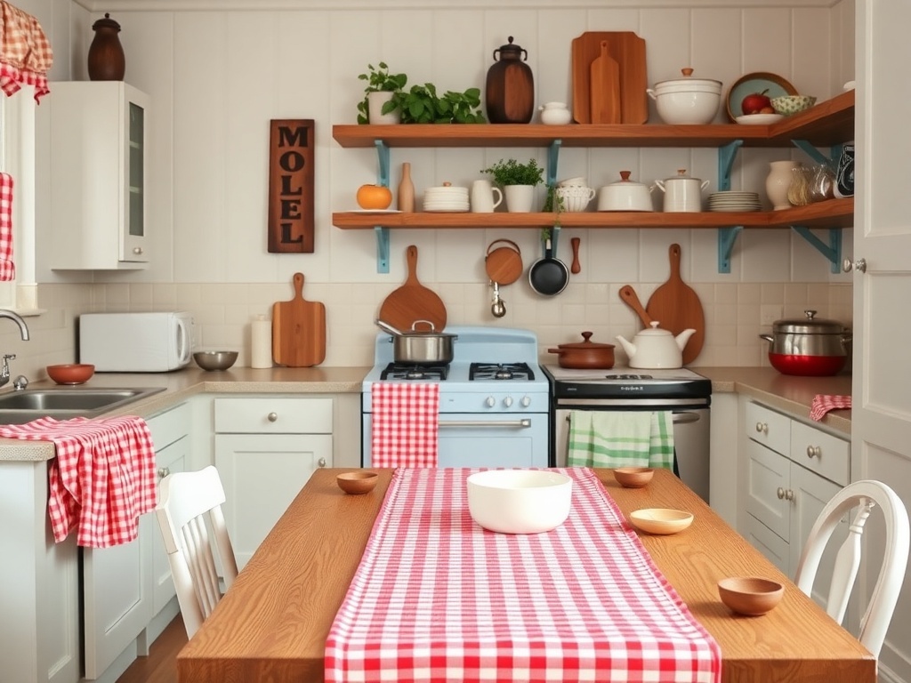 A cozy kitchen featuring red and white gingham accents on a tablecloth and dish towels, with wooden shelves displaying kitchenware.