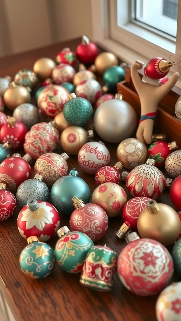A collection of vintage Christmas ornaments in various colors and designs, displayed on a wooden surface.