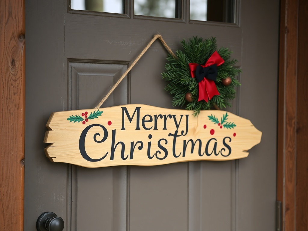 A wooden door sign that says 'Colistmas' hangs beside a wreath on a front door.