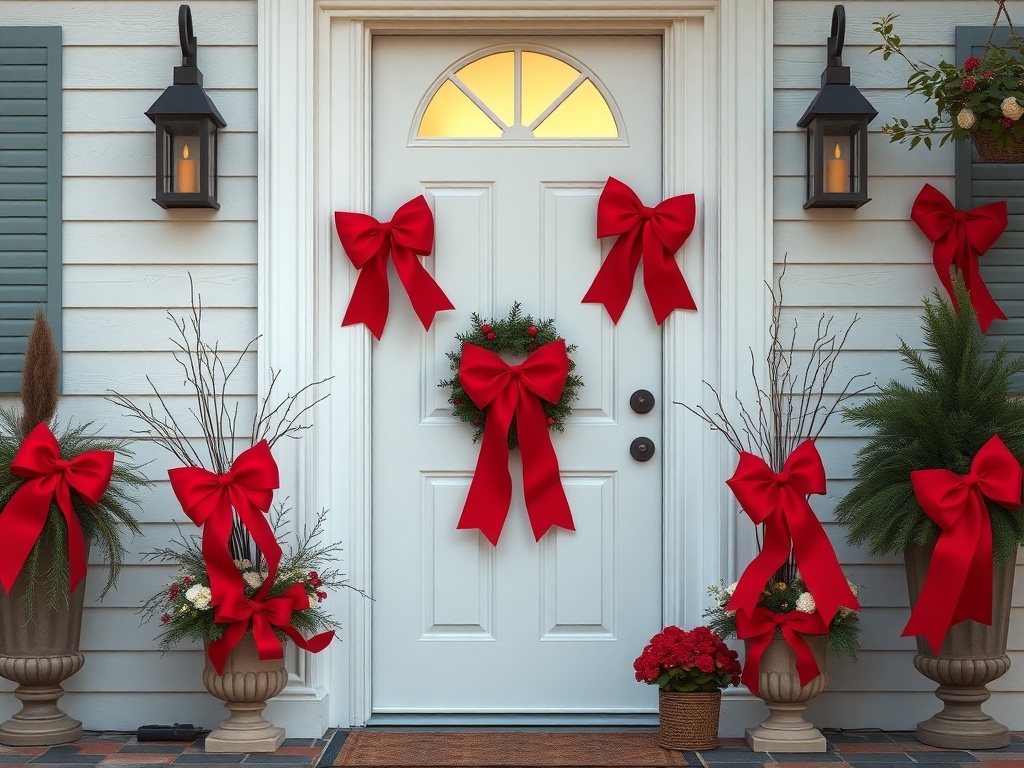 Front door decorated with large red bows and a wreath, surrounded by greenery and planters.