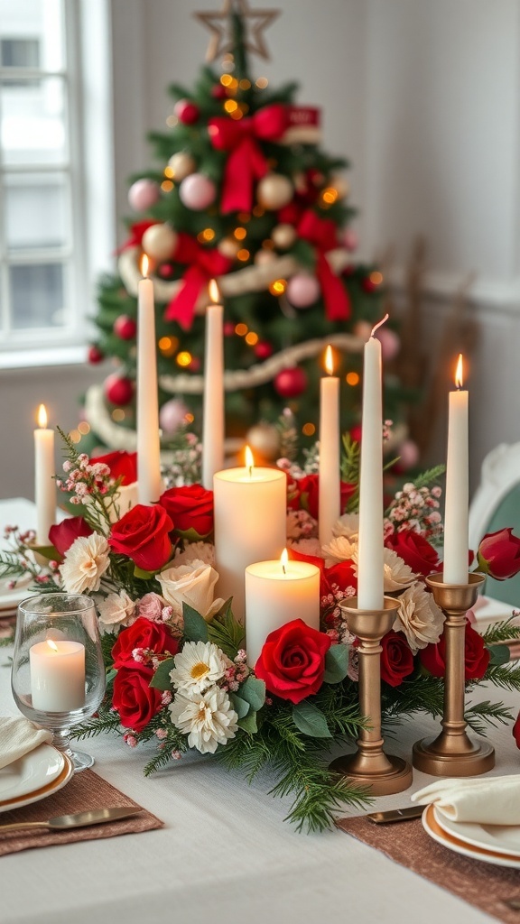 A festive table centerpiece featuring candles and red roses, with a Christmas tree in the background.