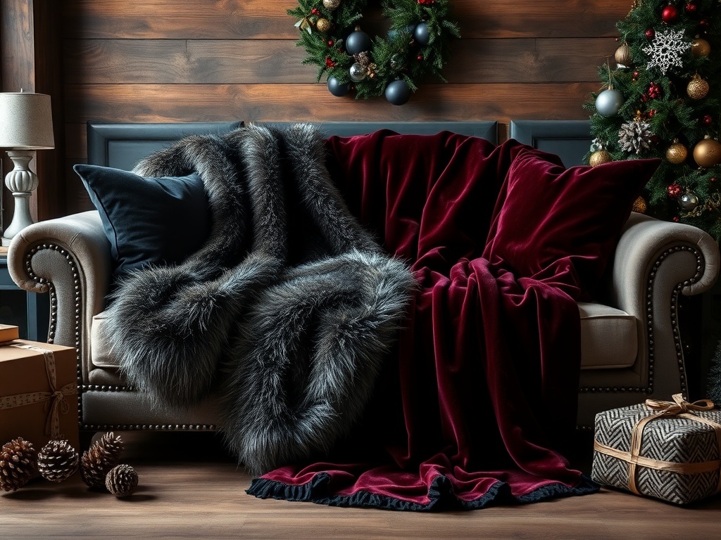 A cozy sofa with dark velvet and fur textiles, decorated for Christmas.