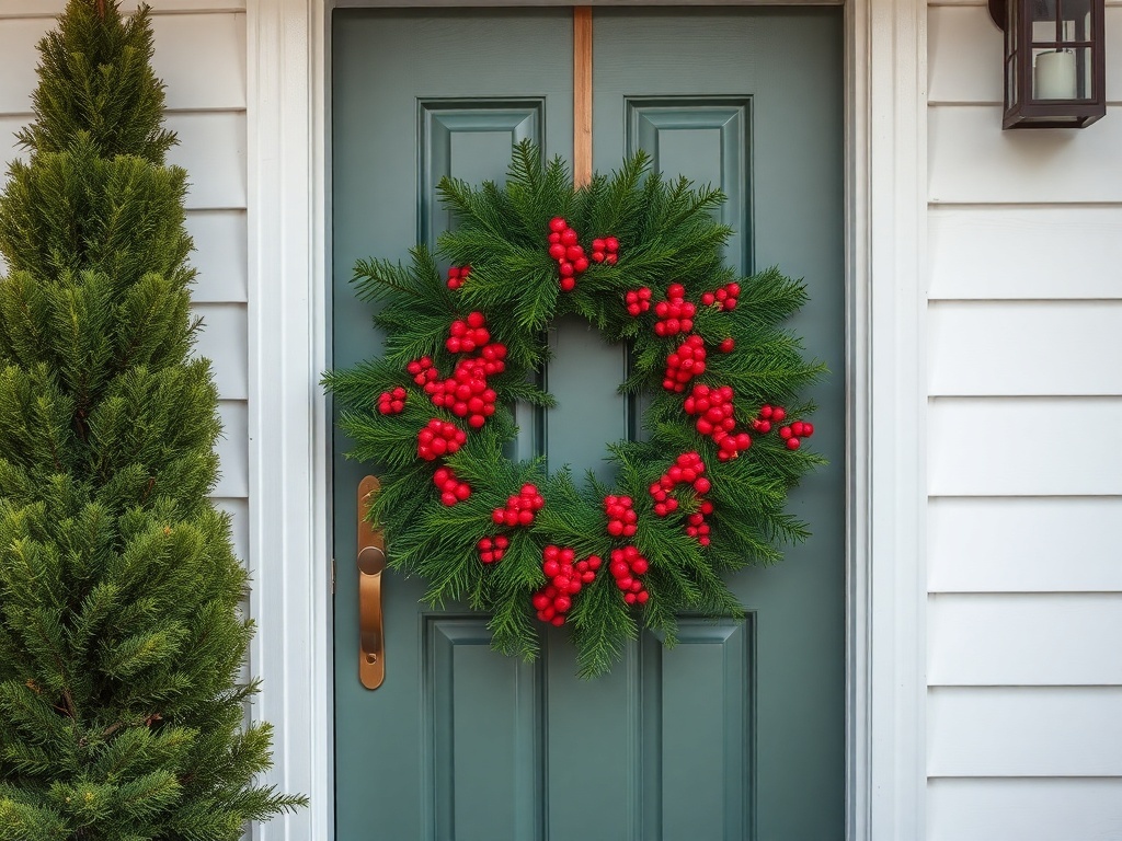 A traditional Christmas wreath with red berries on a green door.