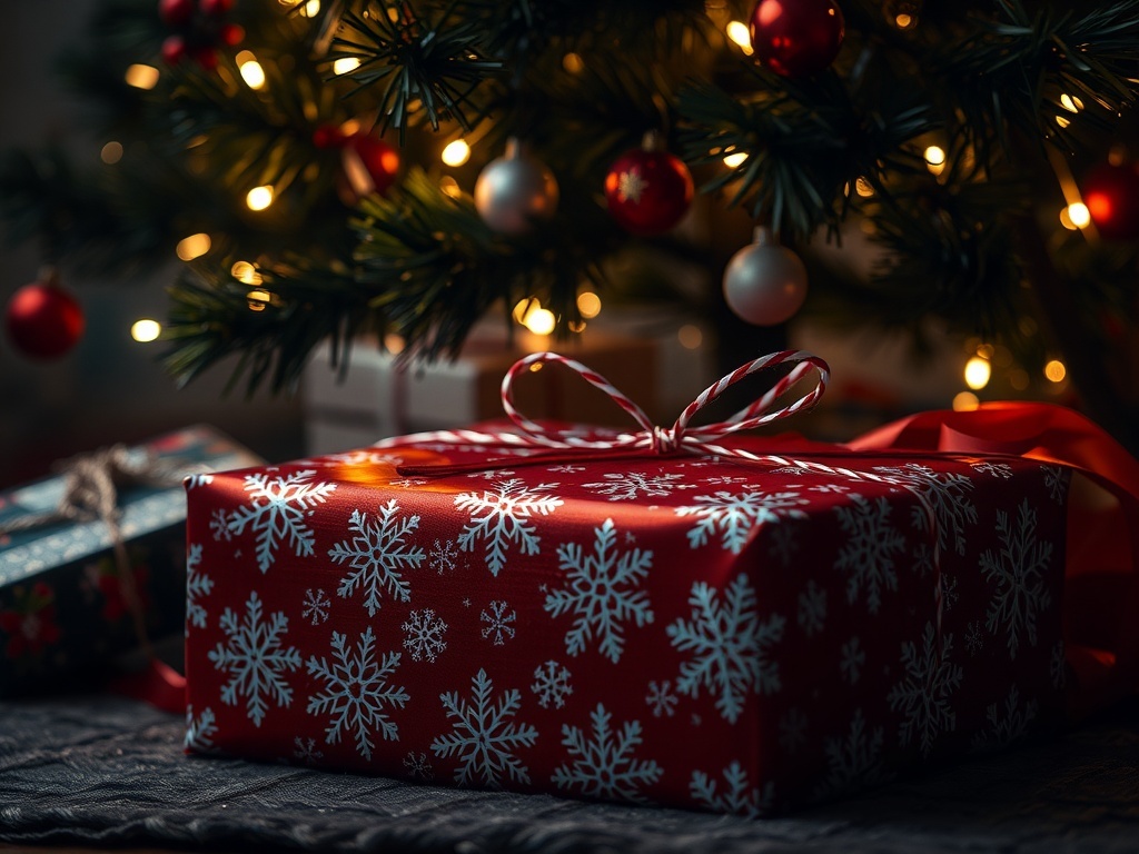 A beautifully wrapped Christmas present in red paper with silver snowflakes, adorned with a twine bow and pinecone, placed under a decorated Christmas tree.