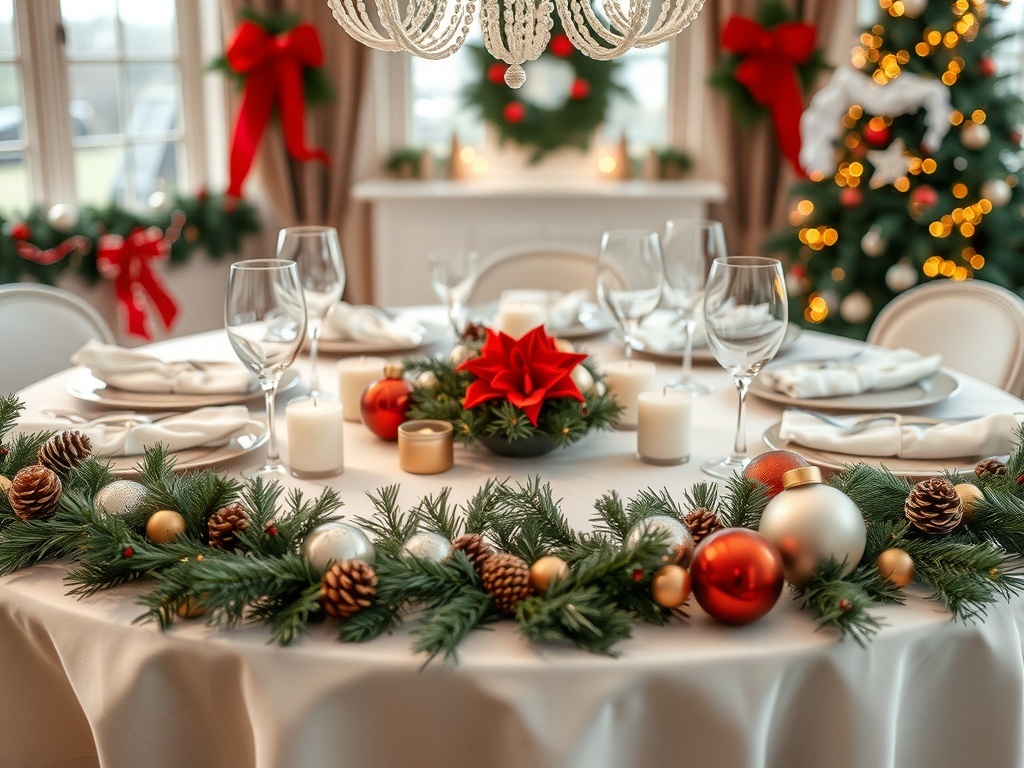 A beautifully decorated Christmas dinner table with greenery, red bows, and colorful ornaments.