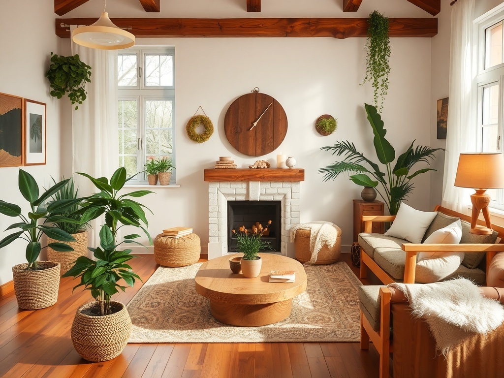 Cozy living room with natural wood accents, featuring wooden beams, furniture, and plants.