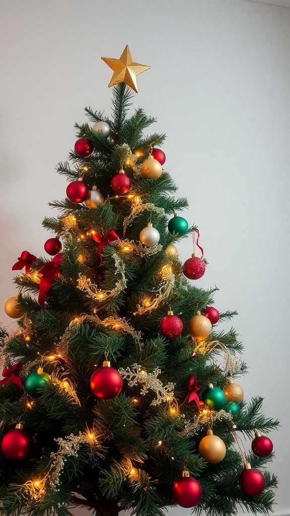 A beautifully decorated Christmas tree with red, green, and gold ornaments, topped with a golden star.