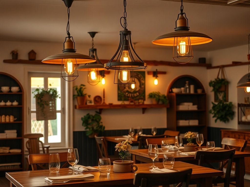 A cozy dining area with rustic pendant lighting fixtures illuminating wooden tables and shelves.