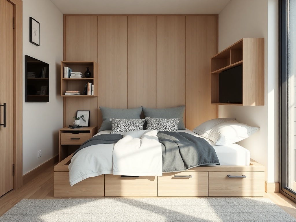 Minimalistic small space bedroom with smart storage solutions including a bed with drawers and wall-mounted shelves.