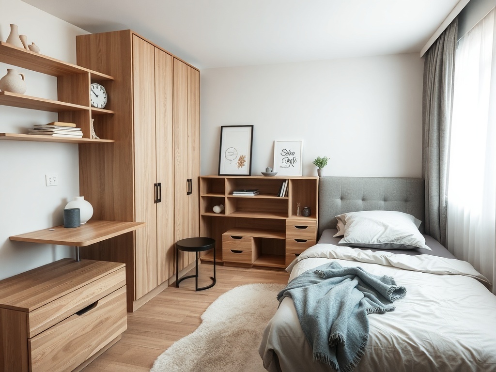 A minimalistic small bedroom featuring functional furniture like a bed with storage, a desk, and a shelving unit.