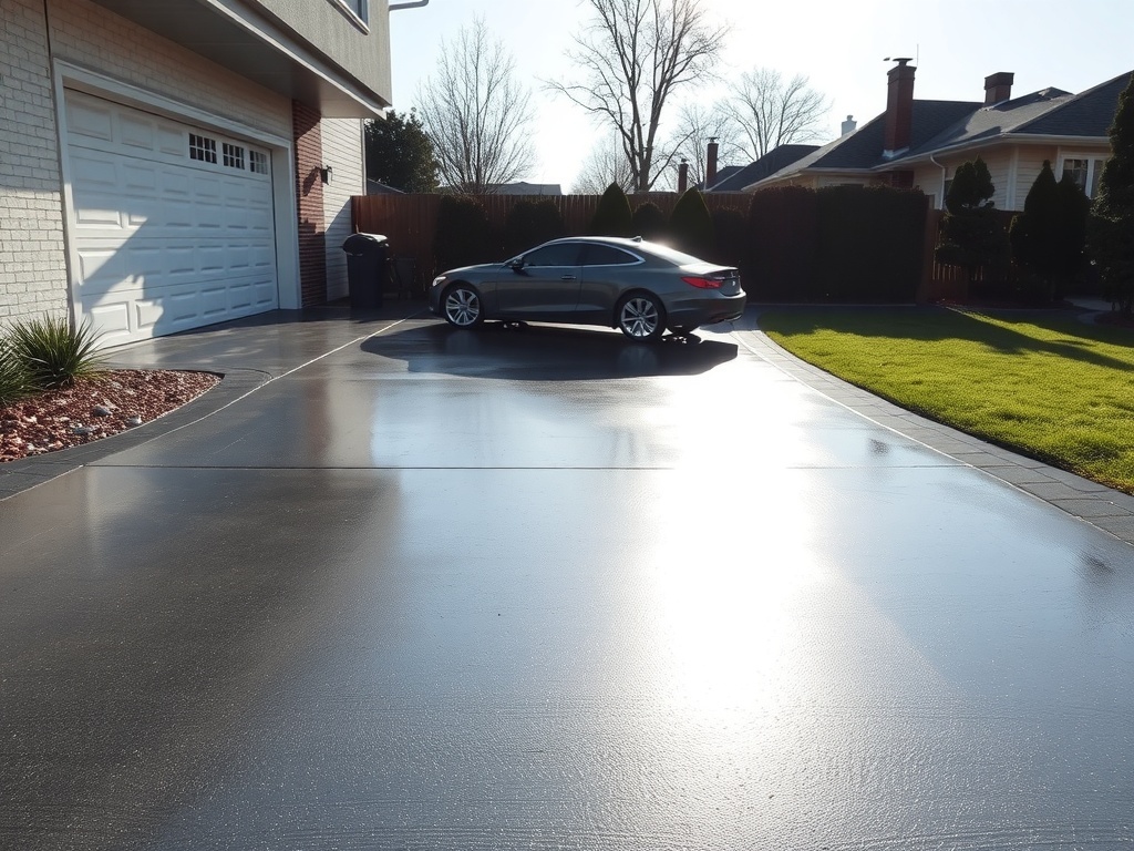 A shiny, epoxy-coated driveway with a parked car and green grass.