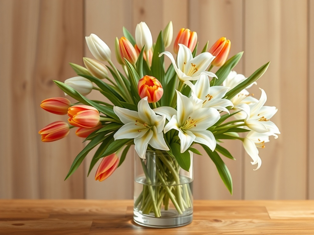 A chic floral arrangement featuring tulips and lilies in a clear vase.